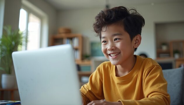 Happy Asian preteen boy using laptop for video call. Smiling kid enjoys online virtual class during remote learning. New normal lifestyle, education, homeschooling, home office. Zoom meeting with