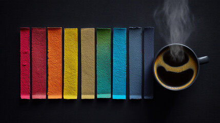 Colorful Paint Swatches and Black Coffee Cup Flatlay on Dark Background