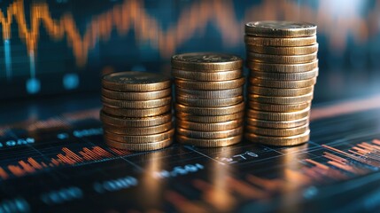 Stacked coins increasing in height over a financial chart display with fluctuating line graphs