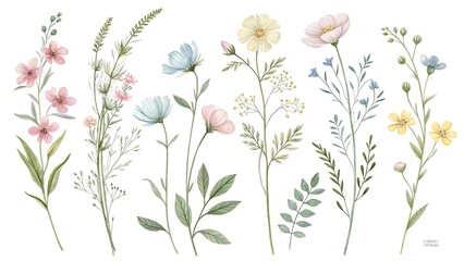 Watercolor botanical illustration of delicate wildflowers and greenery