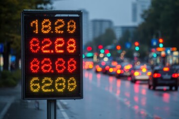 A digital display showing fuel prices on a rainy street, with blurred traffic and city lights in the background, creating an urban atmosphere with reflections.