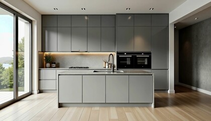 Modern gray kitchen interior design with minimalistic style and bright natural light
