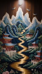 Fototapeta premium Serene asian landscape embroidered wall art panel