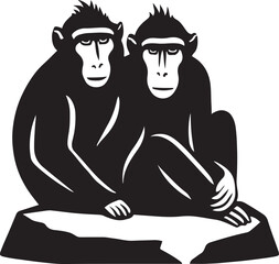 Monkeys on rock black silhouette drawing, Two primates sitting black and white art