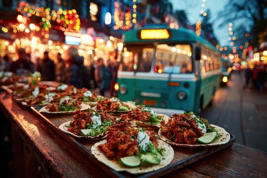 Delicious tacos on a wooden counter in front of a food truck, showcasing vibrant colors and toppings, creating an inviting culinary experience at a bustling outdoor event.