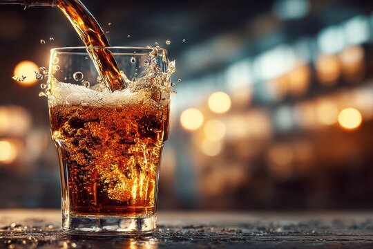 Refreshing cola drink pouring into a glass with ice, creating splashes and bubbles, set against a blurred background, offering a cool and inviting refreshment.
