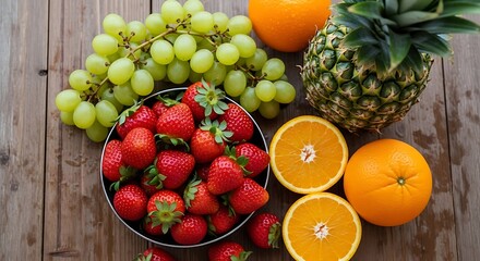 A bowl of strawberries sits on a wooden table next to grapes, a pineapple, and oranges