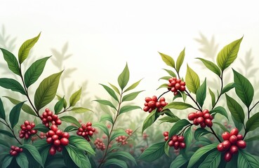 Obraz premium Watercolor illustration coffee plants with ripe red berries, green leaves. Artwork showing natural harvest of coffee beans, organic produce, floral fresh plant produce, growth, garden.