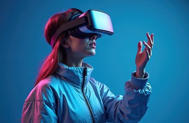Young woman wearing VR headset gesturing in virtual reality. Modern tech, innovation. Digital world, metaverse, futuristic design, augmented reality, futuristic entertainment. Blue backdrop.