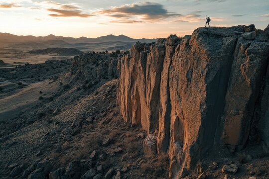 Wide drone shot captures climber scaling rugged rock face at sunset in scenic mountain range, Cinematic wide, drone shot of rock climber on rocky mountain at sunrise