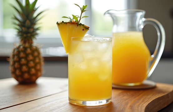 Glass tepache drink with ice and pineapple wedge. Pitcher with juice on wood table. Refreshing Mexican beverage, healthy fruit drink with summer vibe. Tropical, cold alcohol cocktail.