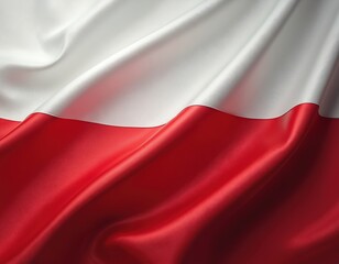 Naklejka premium Close-up of waving Poland flag with elegant satin texture. White, red colors. Patriotic symbol of national identity, freedom. Textured cloth surface with folds. Ideal for Polish related projects.