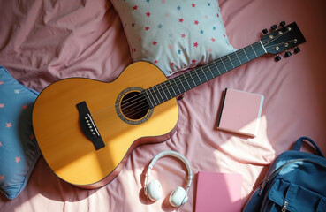 Bedroom with guitar, headphones, notebook, backpack on pink bed. Student lifestyle, music, study, leisure, relaxation concepts. Cozy space with pillows. Modern home decor for teenager.