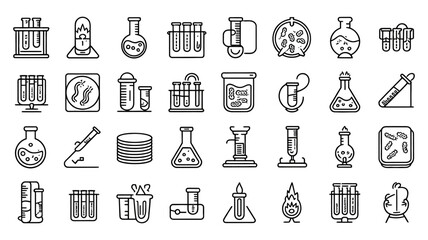 A set of 30 black and white sceince icon. The icons include: a test tube holder, a Bunsen burner, multiple test tubes, a microscope slide, a petri dish etc