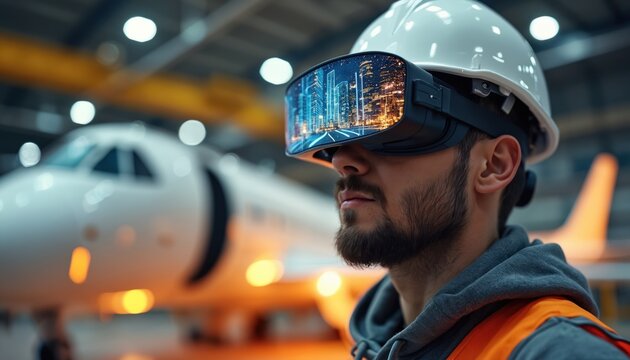 Aerospace engineer uses augmented reality headset during aerospace material research, analysis. Innovative tech in aerospace industry, simulation in future. High tech digital visualisation for