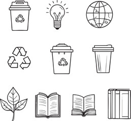 Eco-Friendly Icon Set Line Art Illustrations of Recycling, Sustainability, and Education