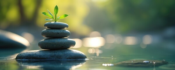 Stack of zen stones with green plant, water in spa. Wellness concept, meditation, harmony, balance. Nature, self care, zen, relaxation, spa, therapy, well-being, calm, peaceful.
