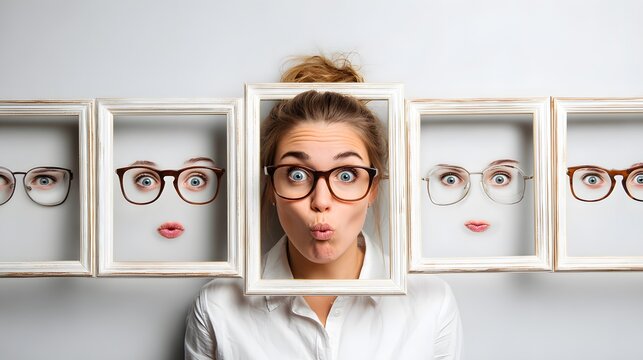 Woman with glasses framed, showing various expressions, creative and unique