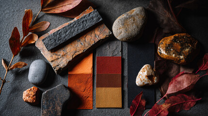 Dark and Orange Color Palette Flatlay with Stones and Autumn Leaves