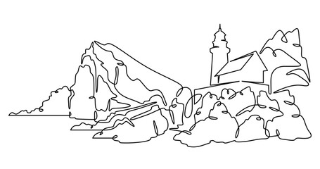 Continuous one line drawing lighthouse on a rocky cliff. Lighthouse on the seashore.One continuous line isolated minimal illustration.Not AI.