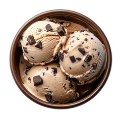 Obraz na płótnie Canvas Chocolate chip ice cream in a bowl showing a luscious dessert experience rich in flavor, Chocolate chip ice cream in a bowl, top view, isolated on white background