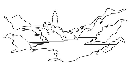 Continuous one line drawing lighthouse on a rocky cliff. Lighthouse on the seashore.One continuous line isolated minimal illustration.Not AI.