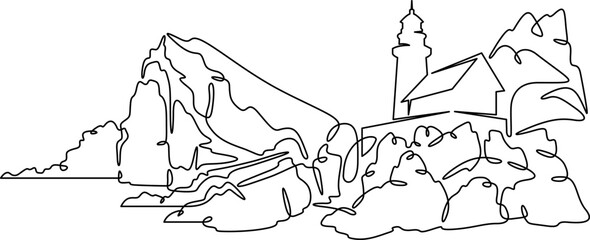 Continuous one line drawing lighthouse on a rocky cliff. Lighthouse on the seashore.One continuous line isolated minimal illustration.Not AI.
