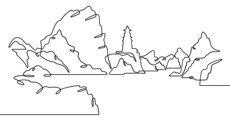 Continuous one line drawing lighthouse on a rocky cliff. Lighthouse on the seashore.One continuous line isolated minimal illustration.Not AI.