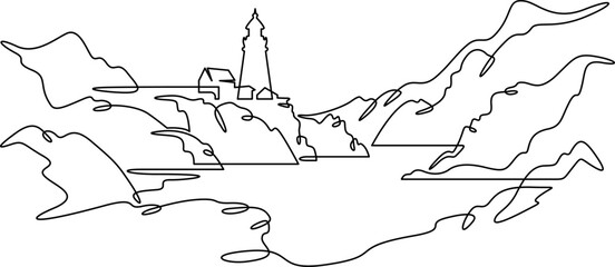 Continuous one line drawing lighthouse on a rocky cliff. Lighthouse on the seashore.One continuous line isolated minimal illustration.Not AI.