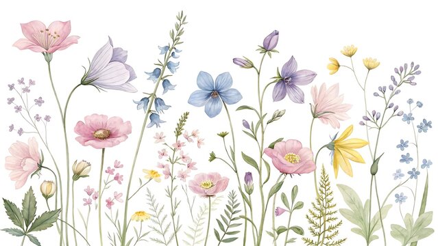 Watercolor painting of delicate wildflowers in pastel colors