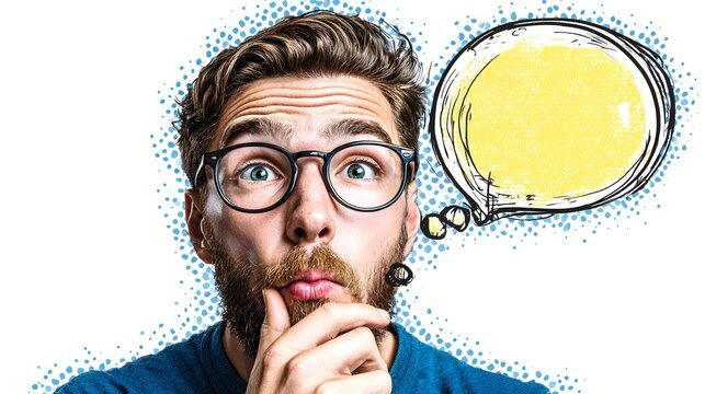 A thoughtful man ponders a question with a comic-style thought bubble. - Powered by Adobe
