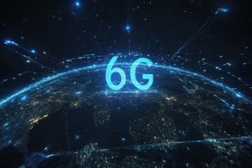 Global network connections illustrating the potential of 6G technology across the world, network of connections over globe with 6g text