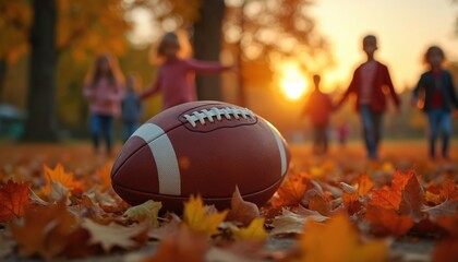 Autumn scene with football on ground covered by fallen leaves. Children play in background. Warm light of sunset enhances fall mood creating idyllic seasonal photo.