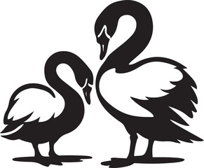 Two swans silhouette love and unity symbol, Romantic swans in black and white illustration