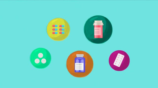 Medicines for good health. Pills and tablets. Flat animation.