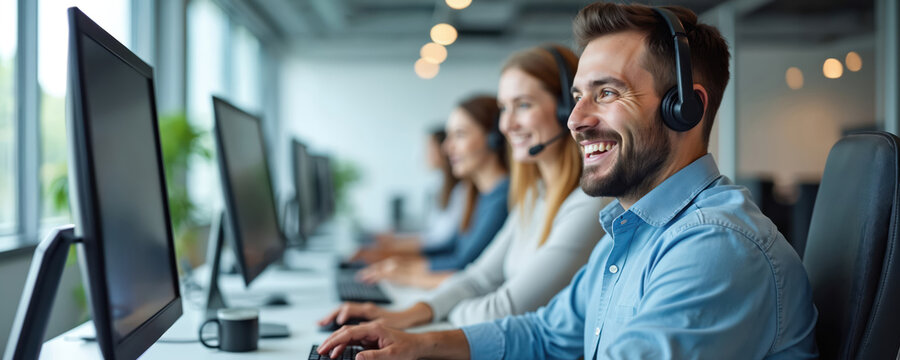 Happy smiling call center agents working in office with headset. Consultant providing customer service support, online assistance. Man with headphones talking at computer monitor screen.