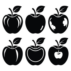 Set of Six Apple Silhouette Icons with Leaves – Black Apple Clipart Collection in Various Styles – Minimalist Fruit Vector Illustrations for Healthy Food, Organic Products, and Nature Concepts