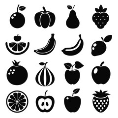 Black Silhouette Vector Icons of Fruits Collection – Apple, Banana, Orange, Strawberry, Pomegranate, Pear, and More – Healthy Organic Food Symbols Set