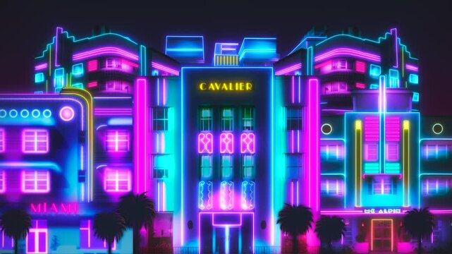 Neon buildings in Miami. Colorful neon lights in the night. Party night in Miami. City with neon lights.
