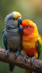 Obraz premium Close-up image of two colorful parrots cuddling on tree branch. Vivid feathers, eye contact. Parrots pair demonstrates love, companionship and animal bond. Perfect for nature, wildlife projects.