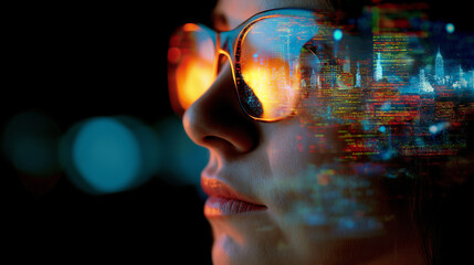 A futuristic female profile wearing stylish glasses is overlaid with abstract data visualizations and city lights.