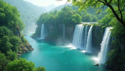 Fototapeta premium Scenic illustration captures breathtaking natural landscape with powerful waterfalls cascading into turquoise river. Rich green spring foliage covers cliffs creating amazing tourist destination.