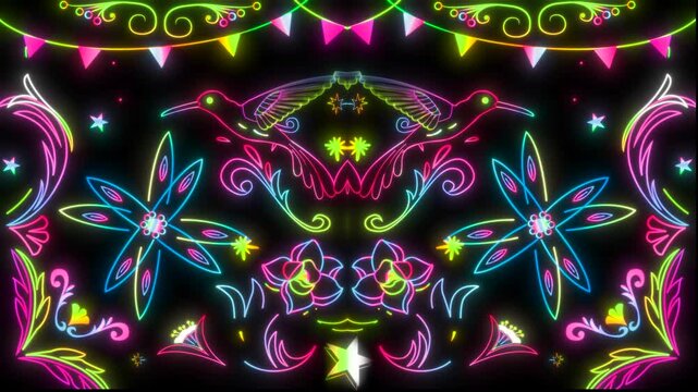 Neon lights with Peruvian design. Chicha art. Birds design pop. Neon animation. Tiger and flowers. Folk art. Pop art. Party. Fiesta popular.