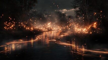 Energetic twisting firework streams drawing ribbon-like patterns