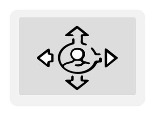 The image displays a central icon of a simplified human figure or user within a circular outline, surrounded by four arrows pointing outwards in the cardinal directions (up, down, left, right).