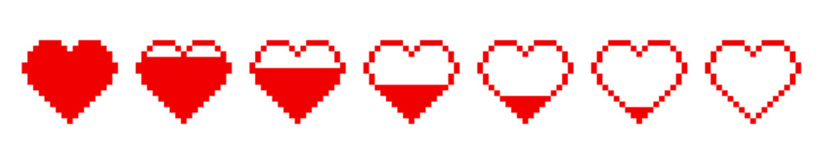 Pixelated red heart icons in sequence from full to empty. 8-bit style symbols on white background.
 Gaming health bar and life point indicator concept for design and print