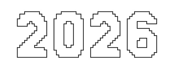 2026 year pixel art numbers in black outline. Digital style for design and print. Future year concept