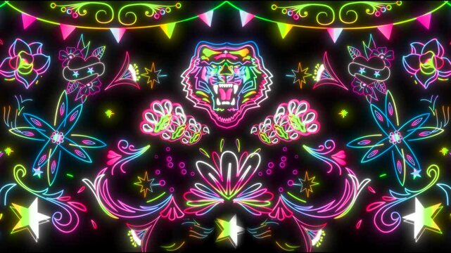 Neon lights with Peruvian design. Chicha art. Tiger design pop. Neon animation. Tiger and flowers. Folk art. Pop art. 
