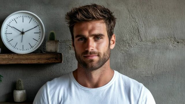 Man standing calmly by a wall clock, potted plants, and wooden shelf in rustic interior setting
