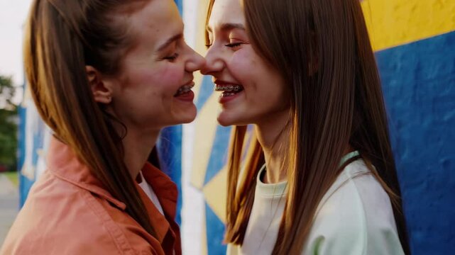 Happy teenage girl wearing braces by female friend against wall